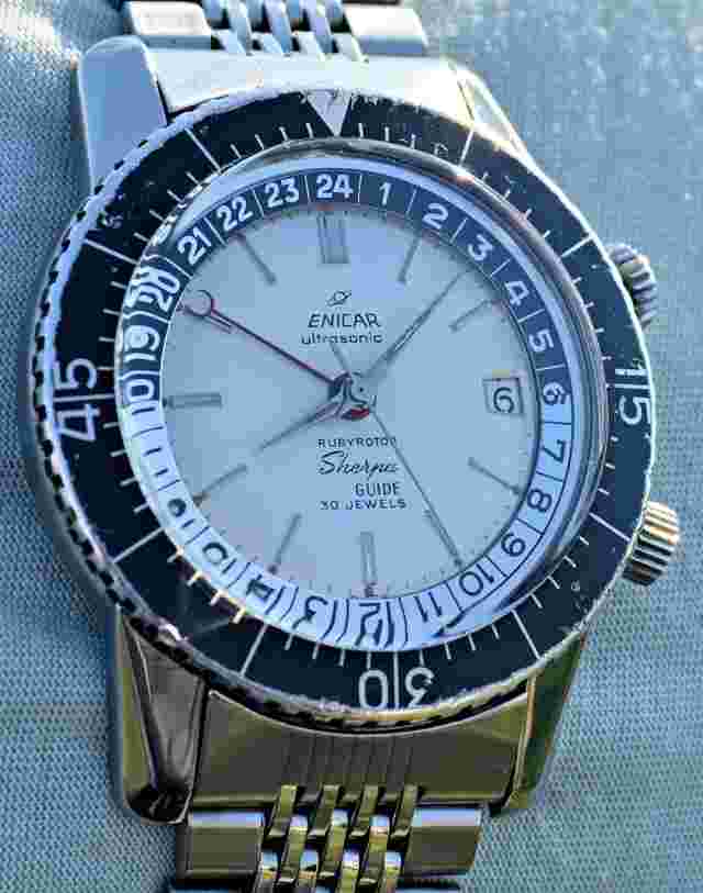 Enicar Ultrasonic Sherpa Guide Rubyrotor Large Case Sub Diver with 2 Crowns 1961