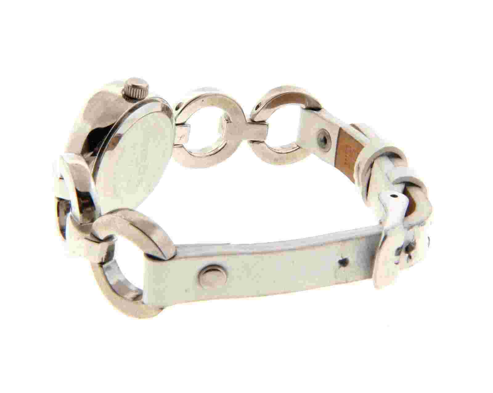 Chico's Watch Women Silver Tone Link with White Leather Band 6.5-7.75"