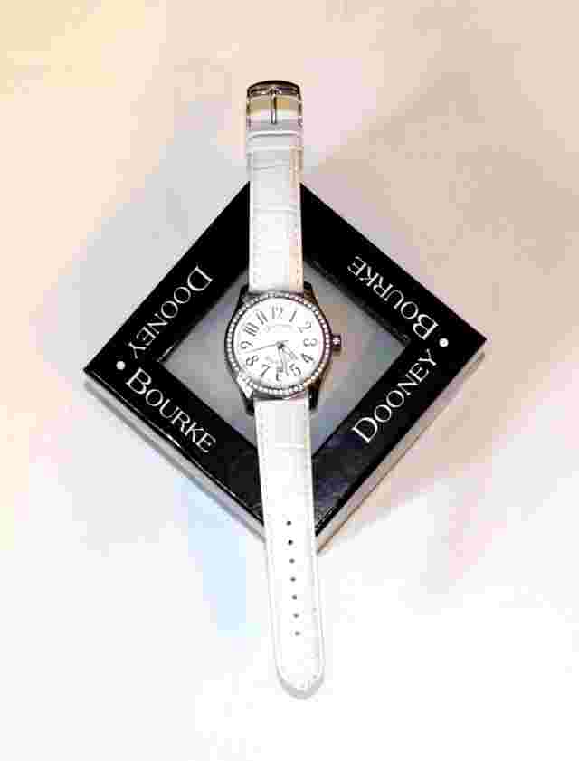Dooney & Bourke Watch White Women’s Swiss Crystal Rhinestone Bezel Leather Band