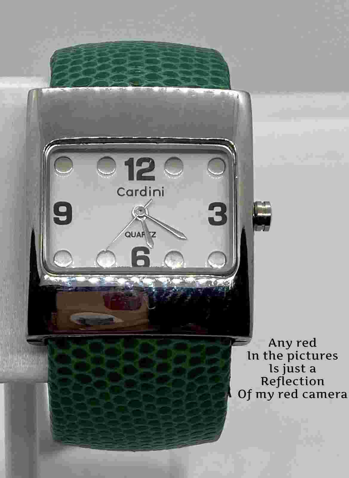 CARDINI Ladies Watch SILVER CASE EMBOSSED GREEN Wide Hinged Cuff Bangle 6” Wrist