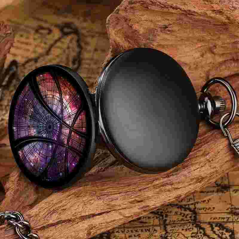Purple Starry Sky Eye Roman Numerals Quartz Pocket Watch Hook Chain Men Women