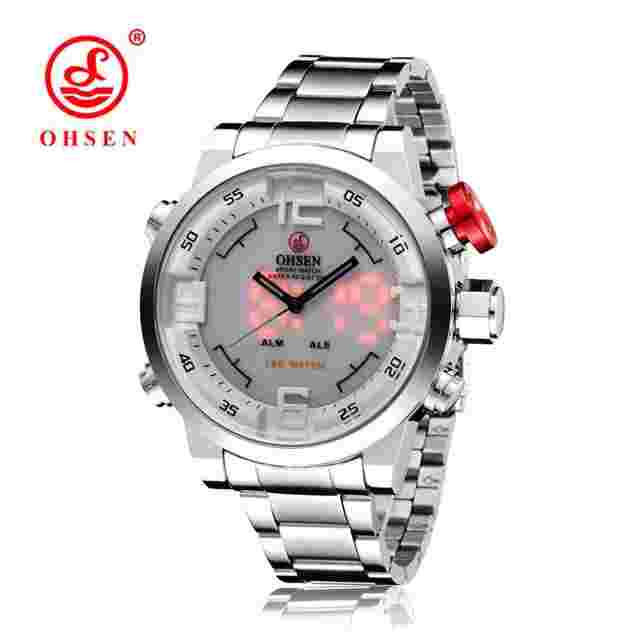 OHSEN Men Quartz Watch Silver Steel Stainless Strap Dual Time Digital Wristwatch