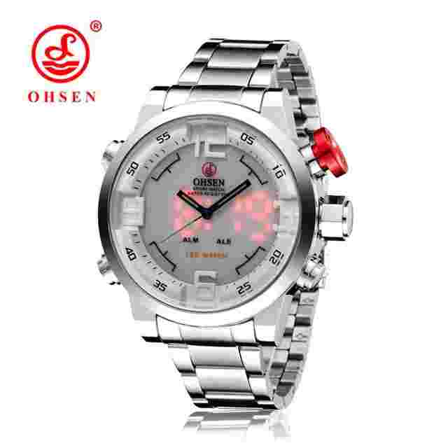 OHSEN Men Quartz Watch Silver Steel Stainless Strap Dual Time Digital Wristwatch