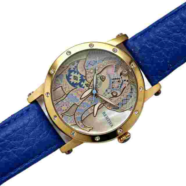 Bertha Gold Plated Mother of Pearl Wrist Watch 38mm Elephant Dial Blue Leather