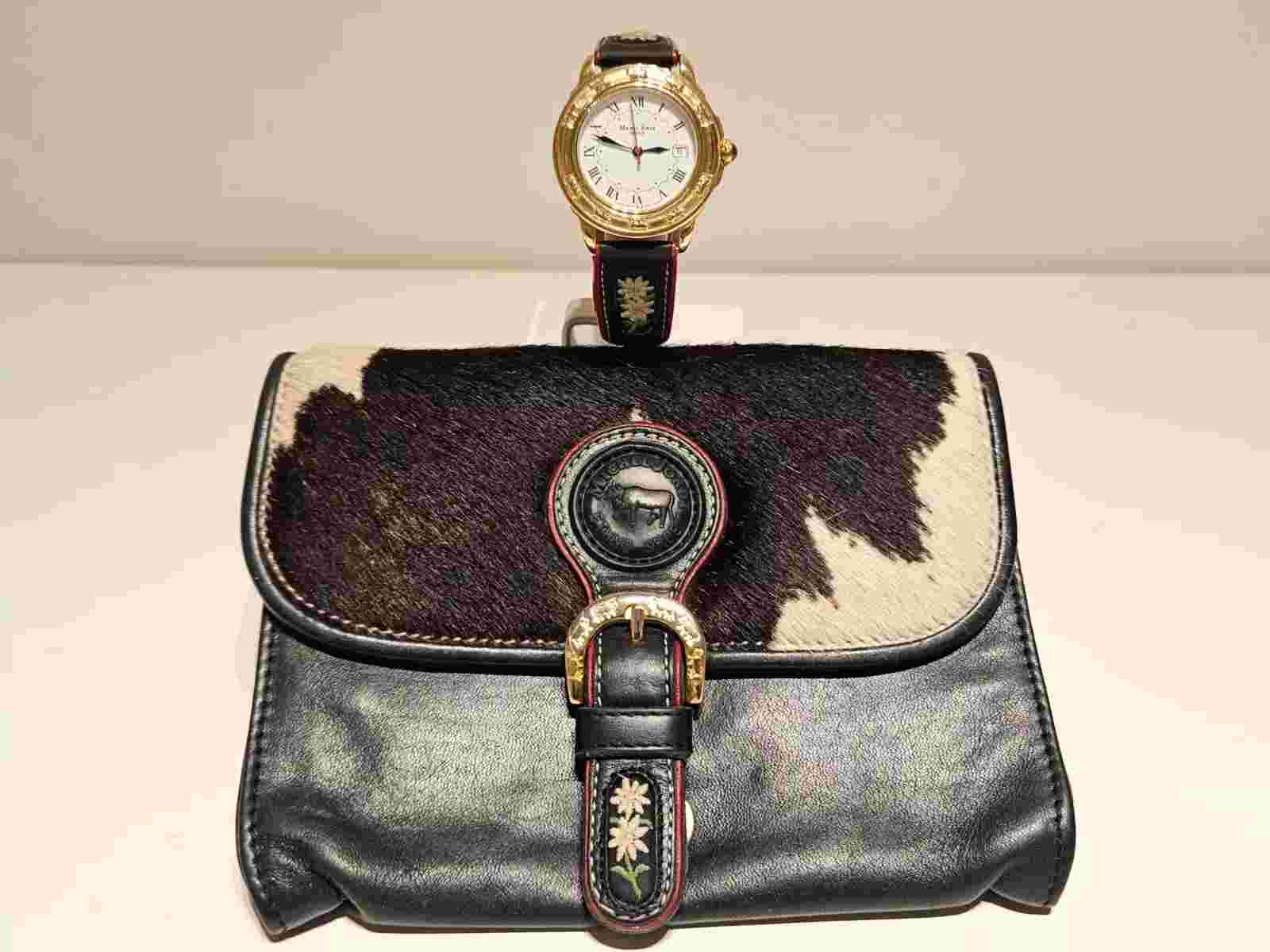 VINTAGE LUXURY GOLD PLATED MEN'S SWISS QUARTZ WATCH+LEATHER BAG "MICHEL JORDI"