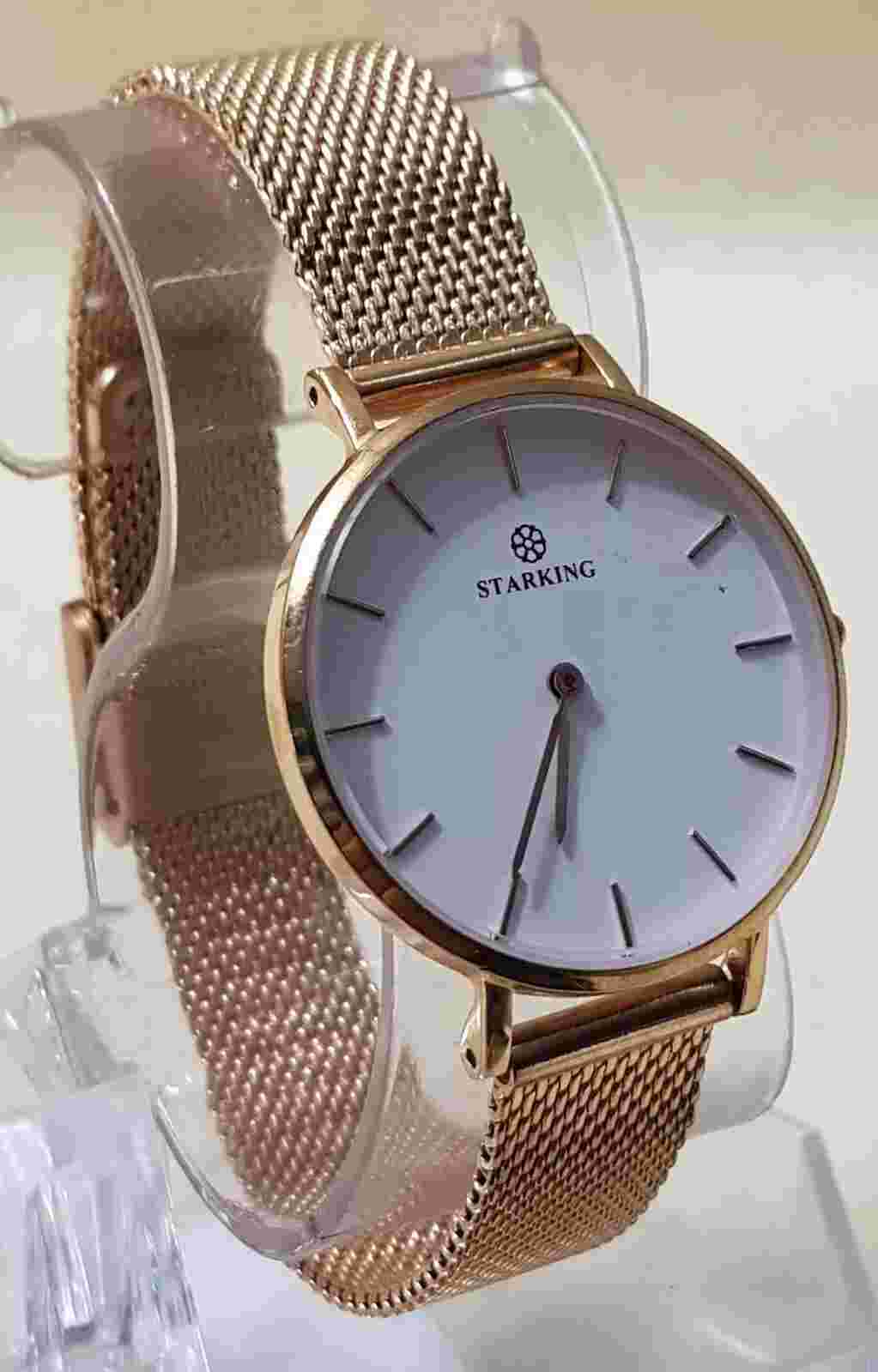 STARKING Quartz Analog Watch White Dial Stainless Steel Bronze Band NEW BATTERY