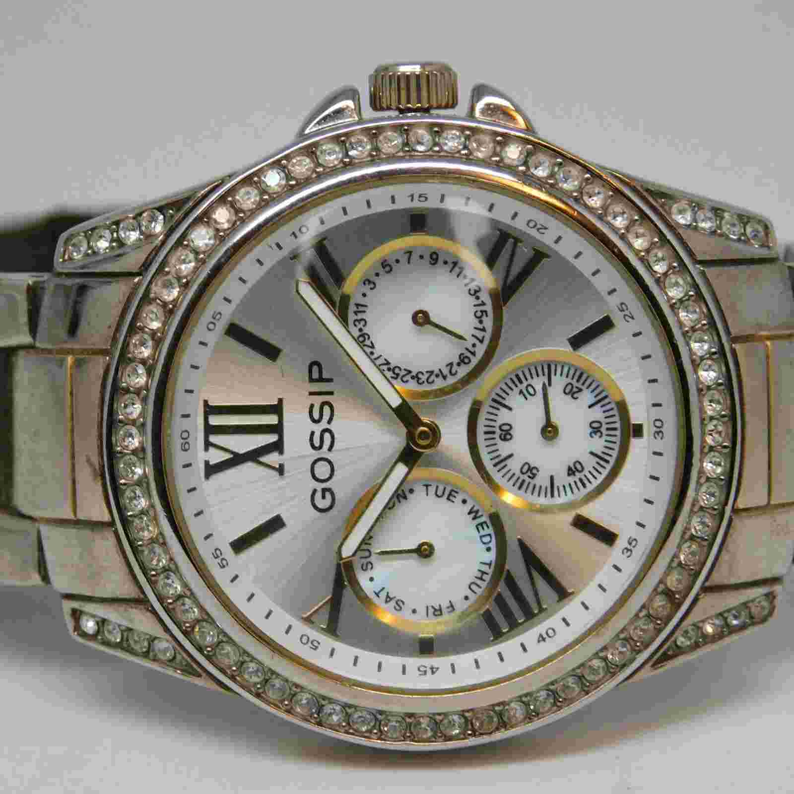 GOSSIP GSP863 Silver Tone Quartz Analog Women's Watch Sz. 7" New Battery