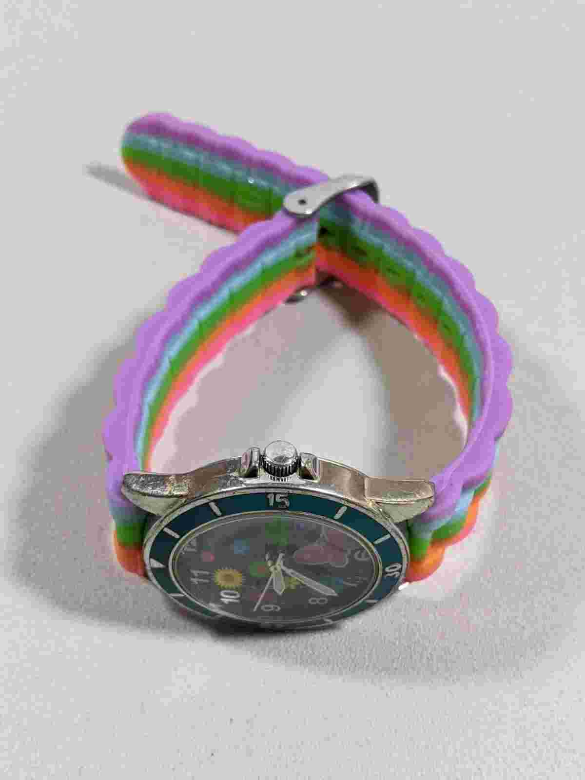 Rainbow Butterflies Flowers Round Case 33 mm Rubber Band Watch 8 inch