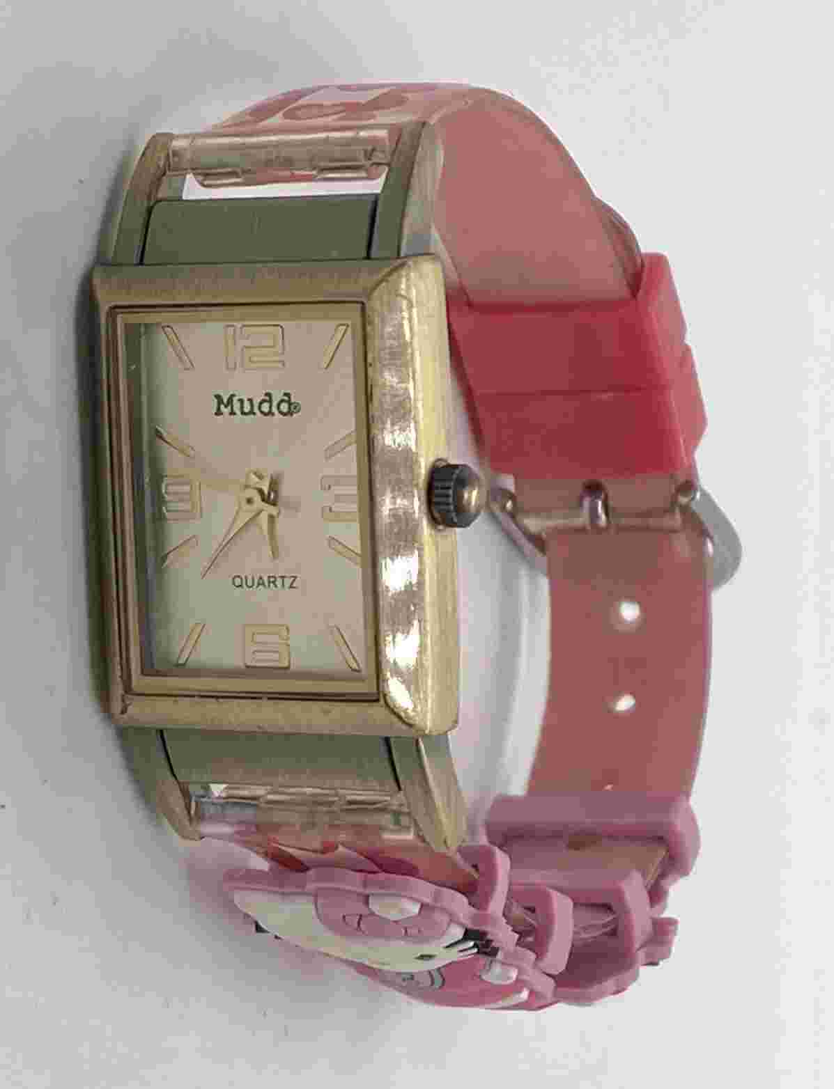 MUDD WATCH New Battery Hello Kitty Pink Band Ladies/Kids Silver Rectangular Case