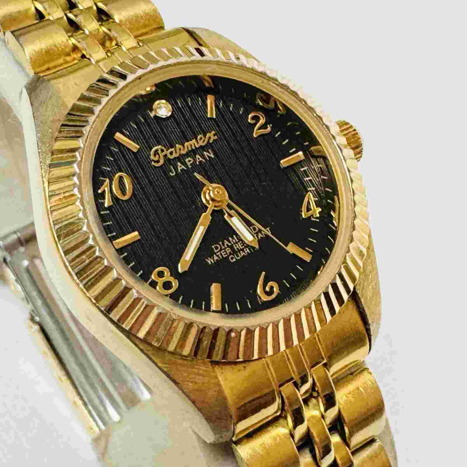 Vintage Parmex Diamond Women's Black Dial Fluted Bezel Gold Tone Dress Watch 2