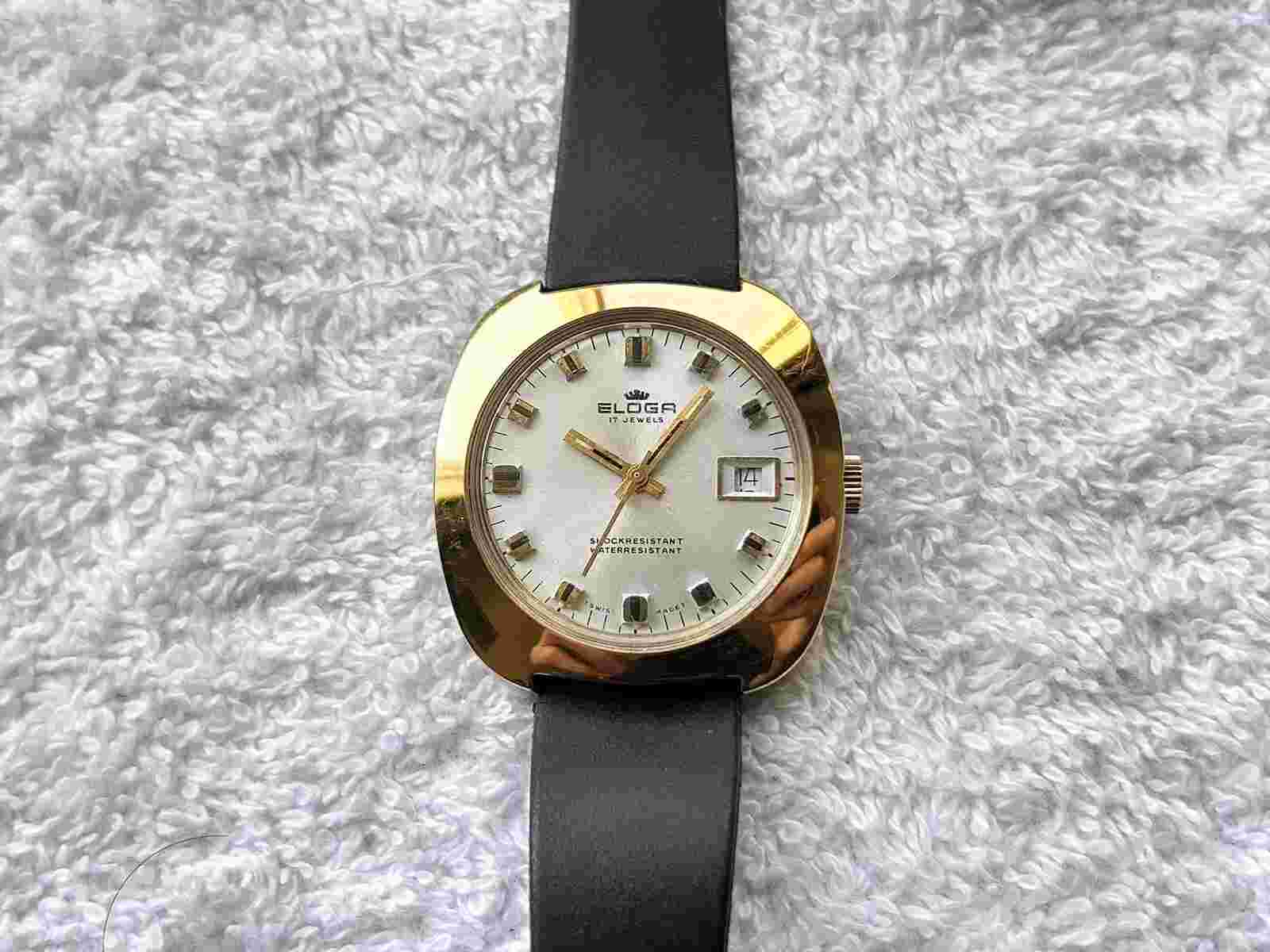 Vintage Eloga 17 Jewels Date Luminescent Winding Gold Plated Swiss Made Watch