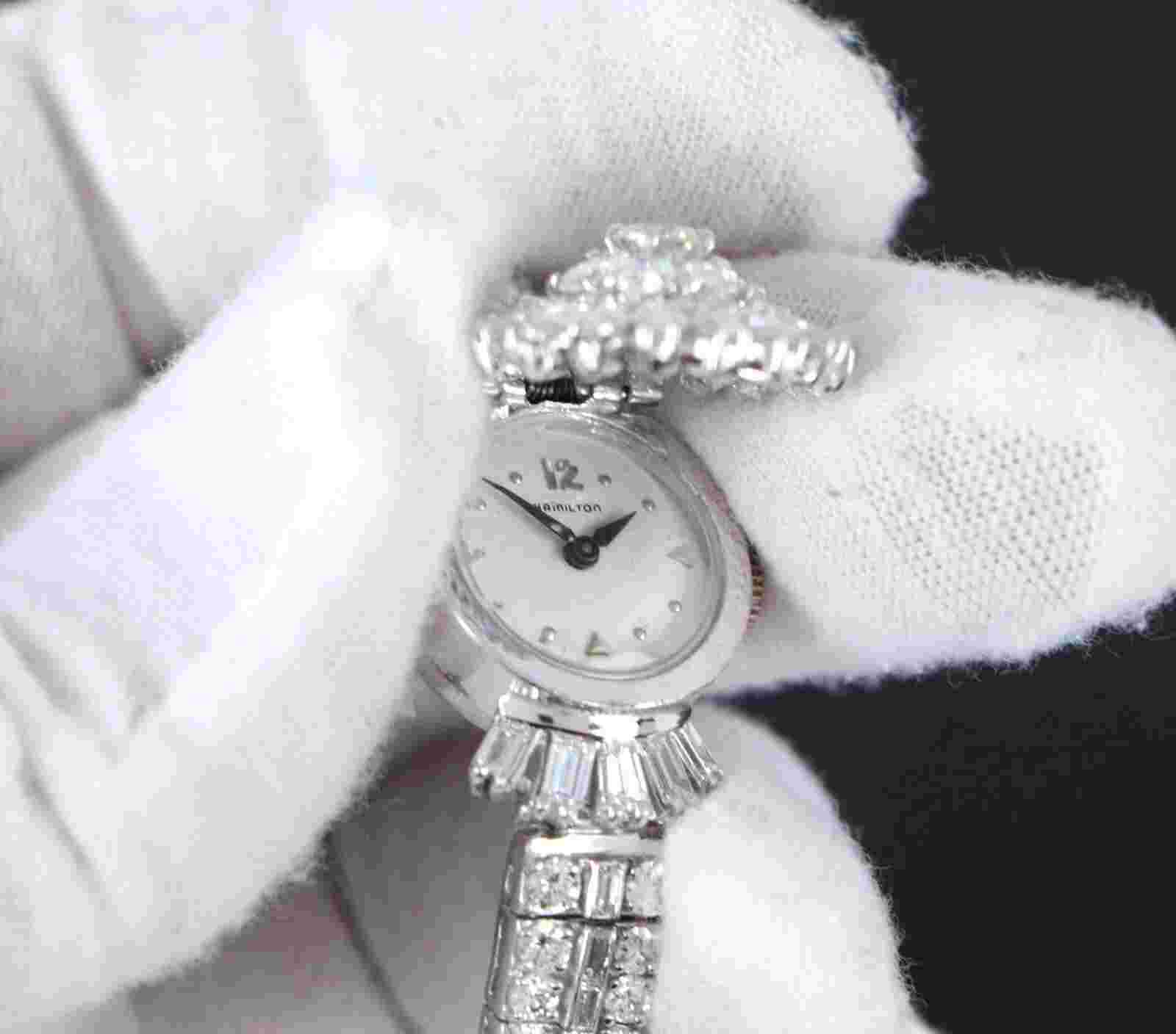 Vintage Estate Hamilton Platinum Baguette Marquise Round Cut Diamond Cover Watch