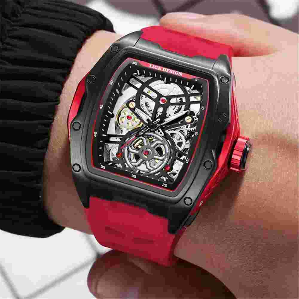 LIGE Men Watch Automatic Mechanical Wristwatch Silicone Strap Male Watches Gifts