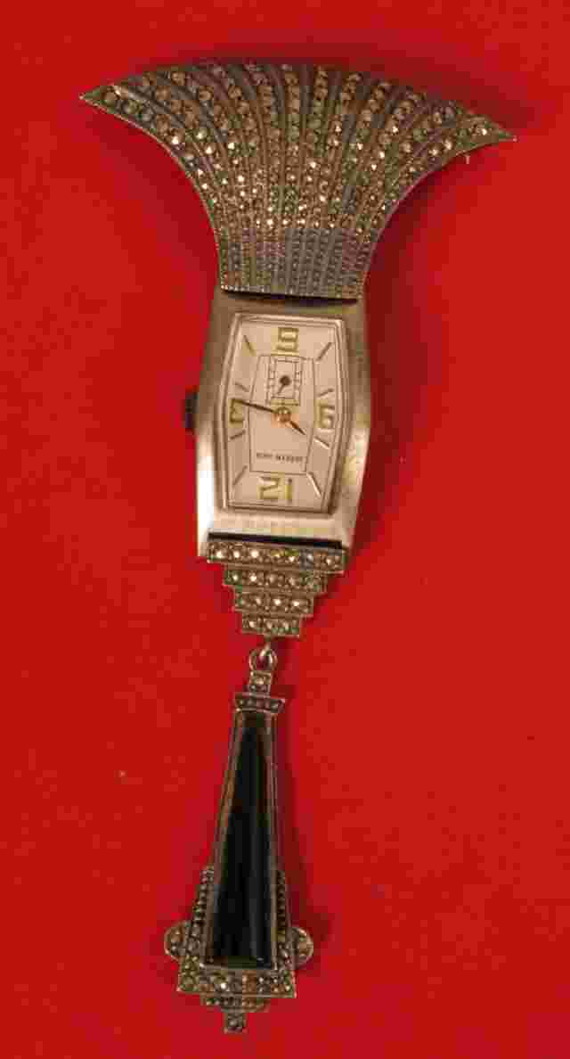 ART DECO STYLE WOMENS JUDITH JACK DESIGNER FANCY STERLING SILVER BROOCH WATCH