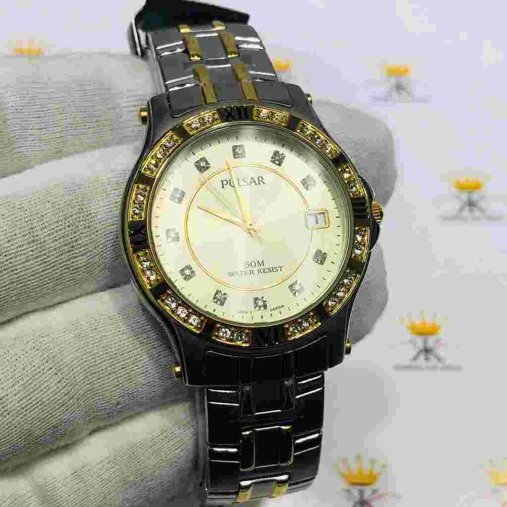Pulsar Two Tone Gold Stainless Steel Round Crystal Dial Quartz Men's Watch Gift
