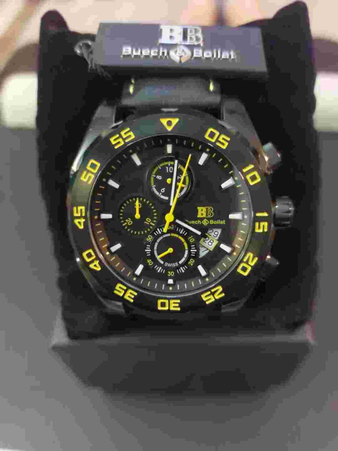 Buech & Boilat Torrent Men’s Swiss Made Chronograph Watch Black and Yellow Dial.