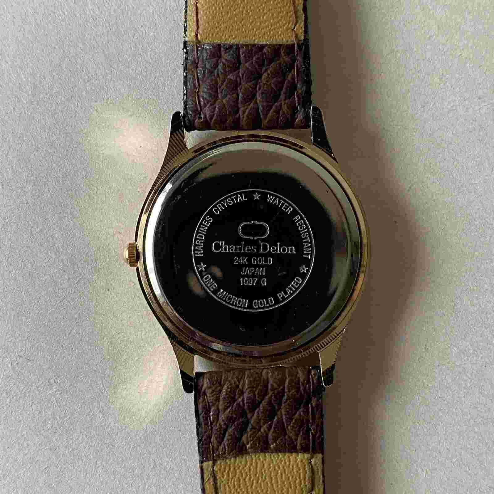 Charles Delon Quartz Watch Brown Strap One Micron Gold Plated Water Resistant