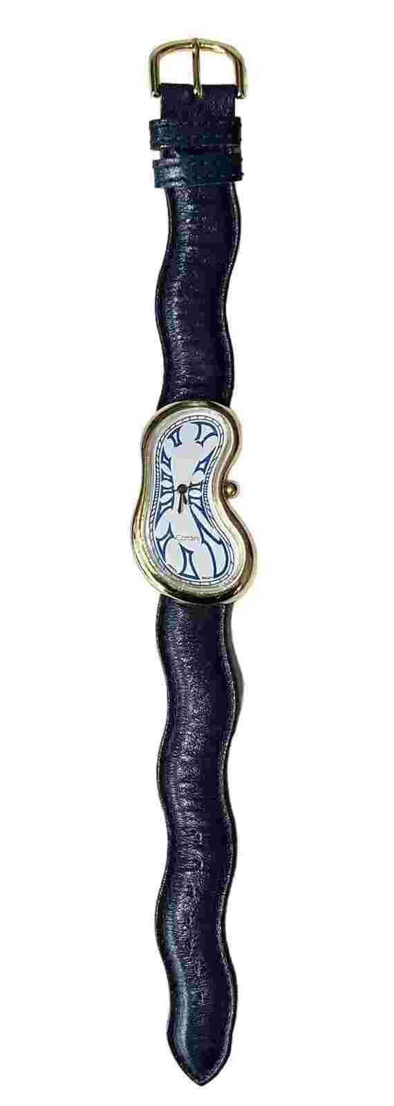 CARDINI Salvador Dali Style Melting Blue Leather Watch Gold Tone Squiggle Art