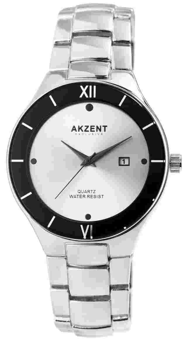Elegant Accent Men's Watch Silver Black Date Analog Metal Strap Men