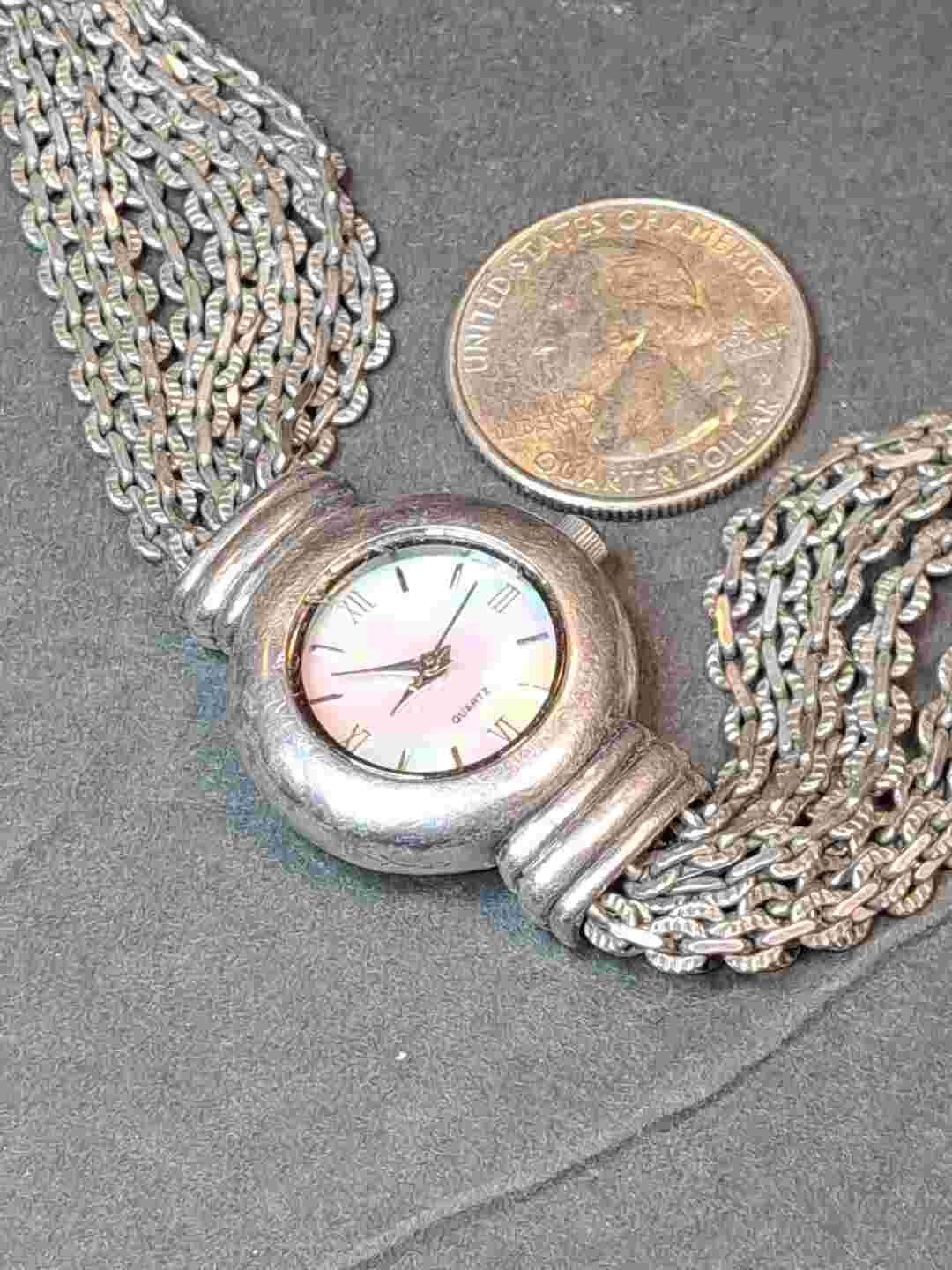 J Jill Ladies Silver Plated Multi Chains Wristwatch Mother Of Pearl Face Tennis