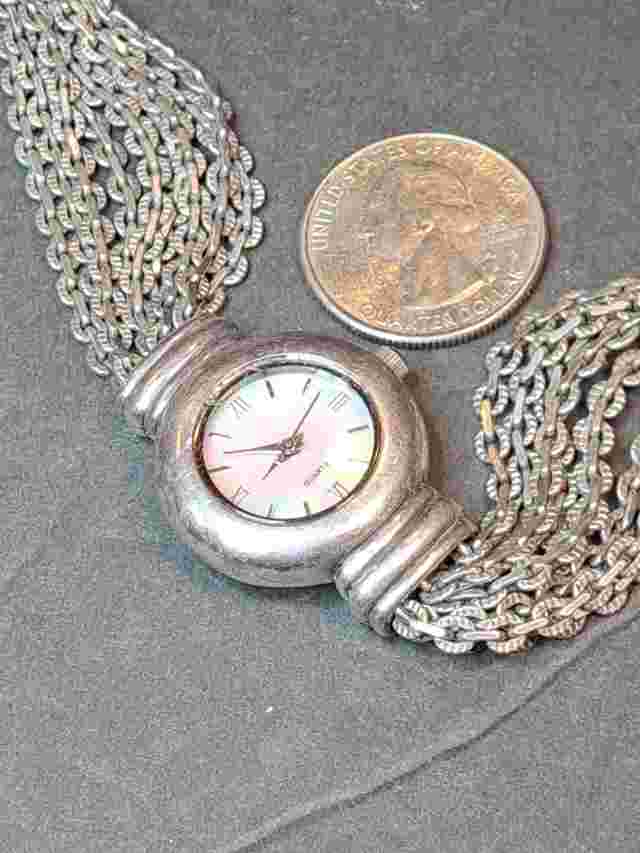 J Jill Ladies Silver Plated Multi Chains Wristwatch Mother Of Pearl Face Tennis