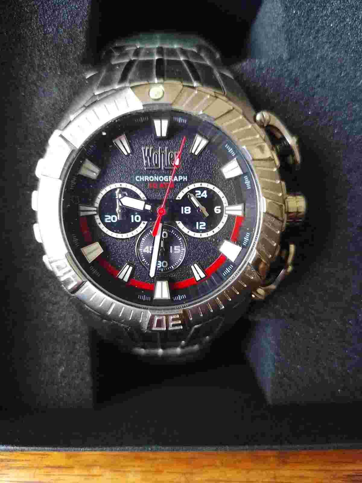 NEW Wohler Cohen 1230M Men's Chronograph SS Watch Black Face Dial Red Accent 10M