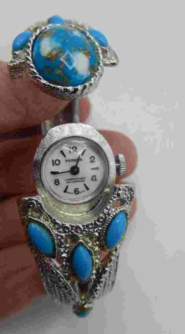 PARKER Hidden Ladies Watch Bracelet Turquoise Bangle Wind Up Unbreakable Mainspr
