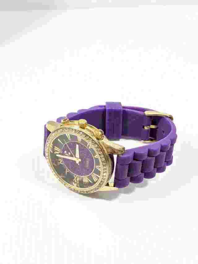 Charming Charlie Silver Tone Crystal Bezel Purple Rubber Band Watch 9 Inch