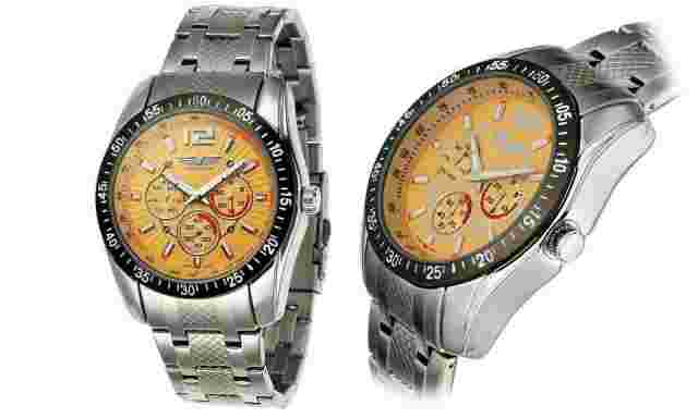 NEW Deporte 9316 Men's PESCARA Day & Date Yellow Dial Steel Bracelet Metal Watch