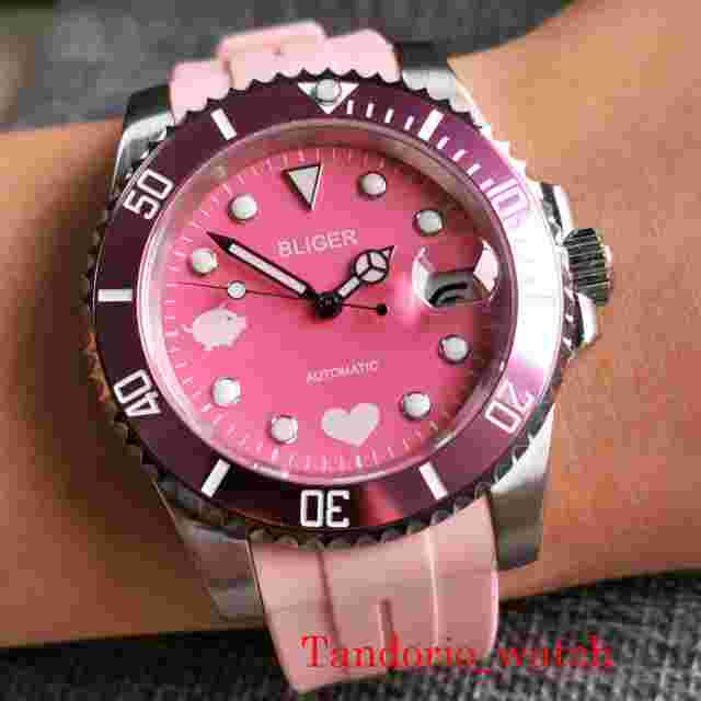40mm Bliger Pink Sterile Dial Sapphire Glass NH35A Automatic Mens Watch Date
