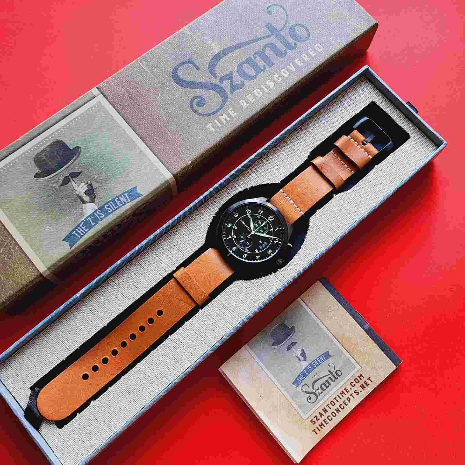 Szanto Chronograph Watch Black Dial Brown Leather Full Set 1200 Series Mens