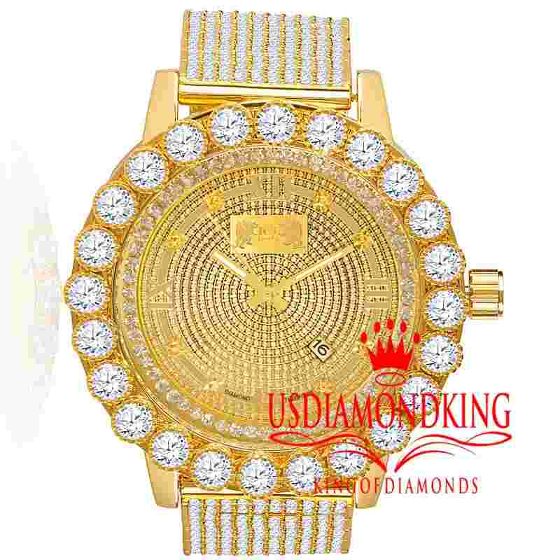 Mens Real Diamond Roman Face Yellow Gold Tone 10 Row Custom Band Watch