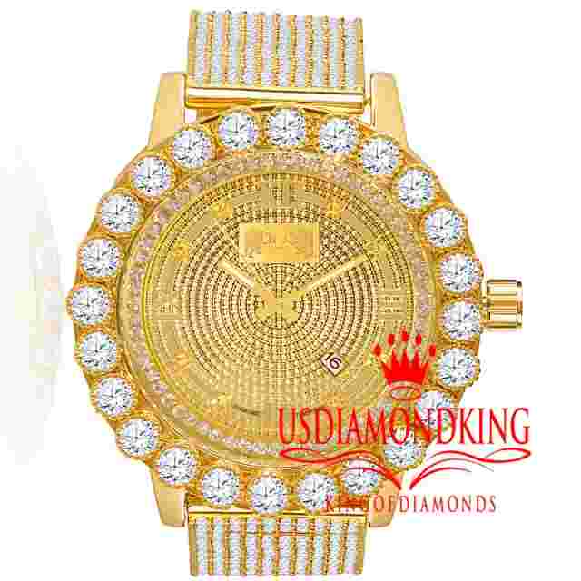 Mens Real Diamond Roman Face Yellow Gold Tone 10 Row Custom Band Watch