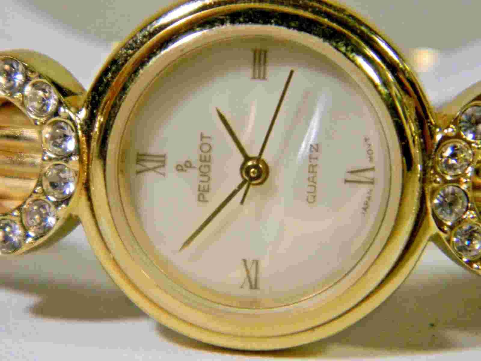 New Gemmed Roman Numeral Peugeot Women's Gold Watch. New Battery 2 Year Warranty