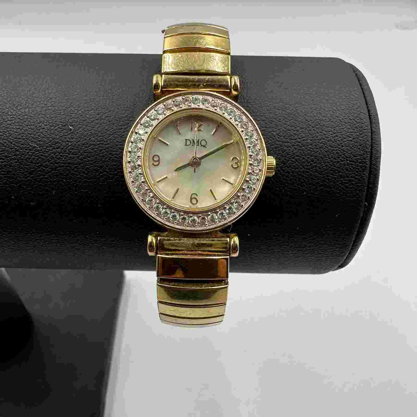 DMQ Watch Women Gold Tone Crystal Bezel MOP Dial Stretch Band New Battery