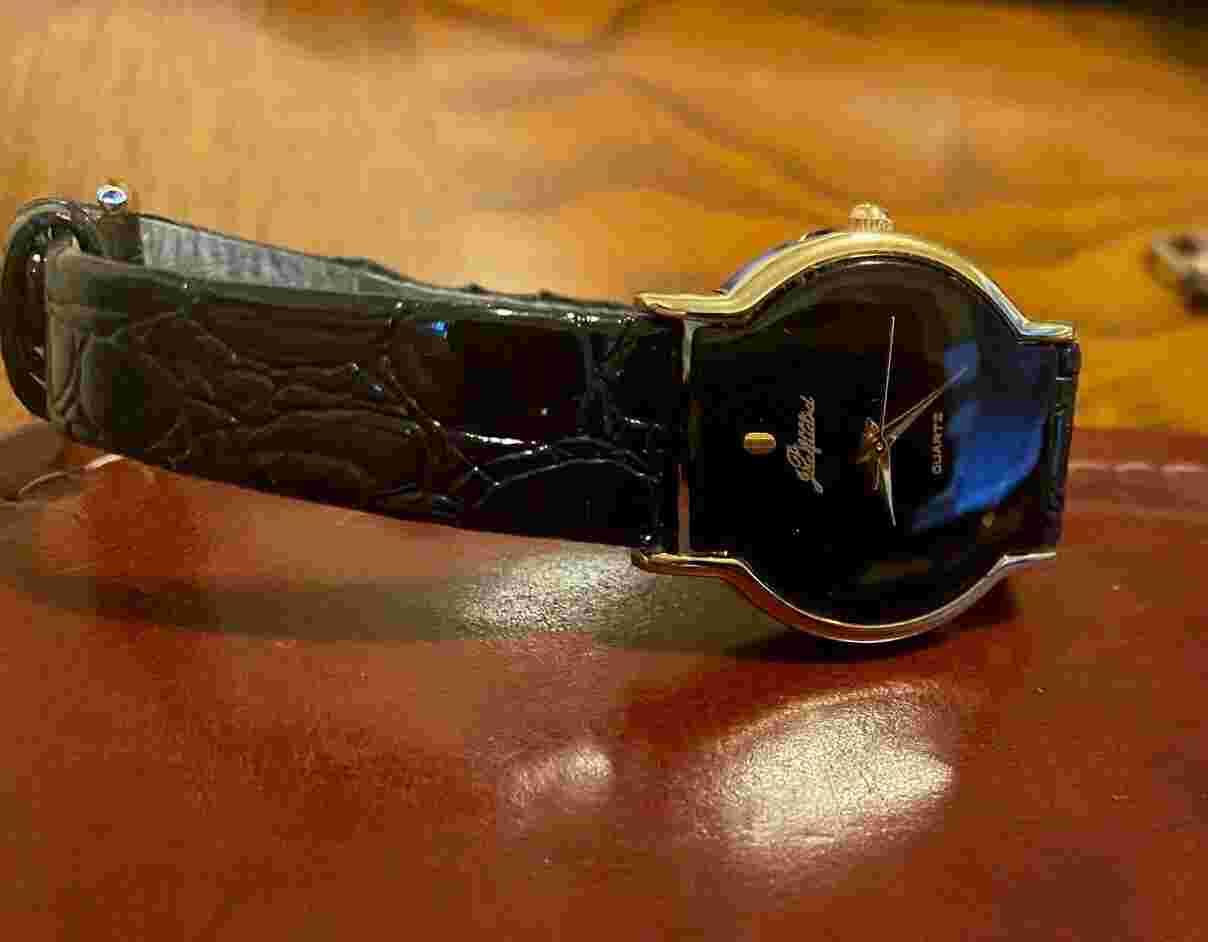 Women's Pierre Jacquard Watch, Gold Tone with Black Bezel and Leather Band