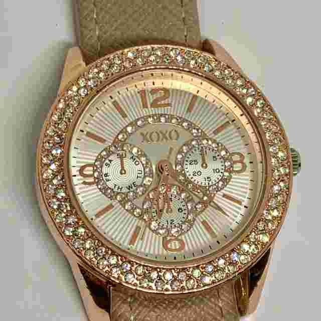 XOXO women’s wrist watch rose gold tone 40mm case rhinestones running