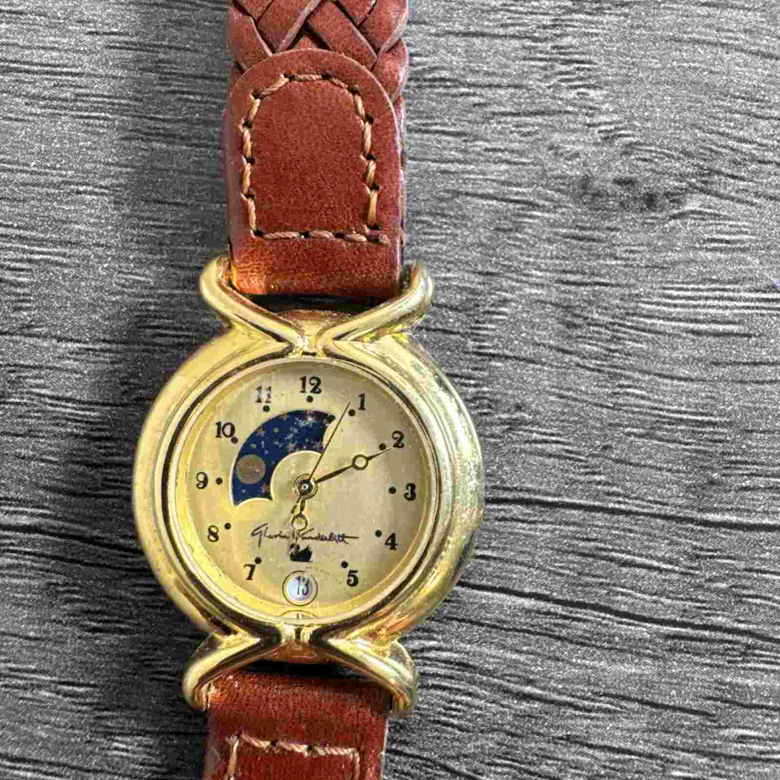 Gloria Vanderbilt Watch Quartz Women Moon Phase Gold Tone Leather MISSING DIAL