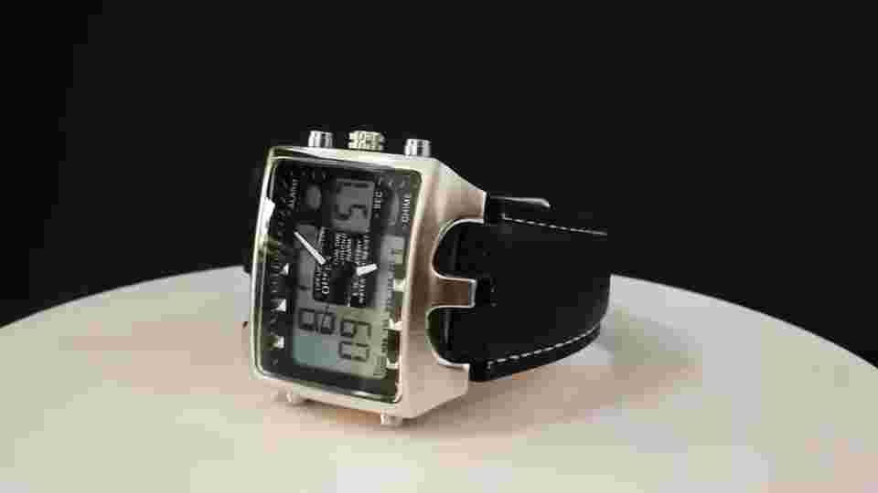 OHSEN Men Sport Digital Watches Leather Strap Analog Quartz Rectangle Wristwatch