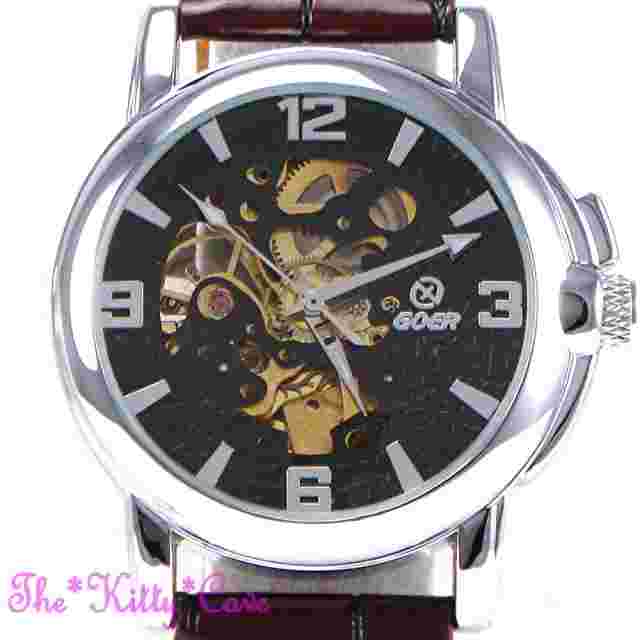 Automatic Mechanical Skeleton Steampunk Silver Brown Leather Wind-Up Wrist Watch
