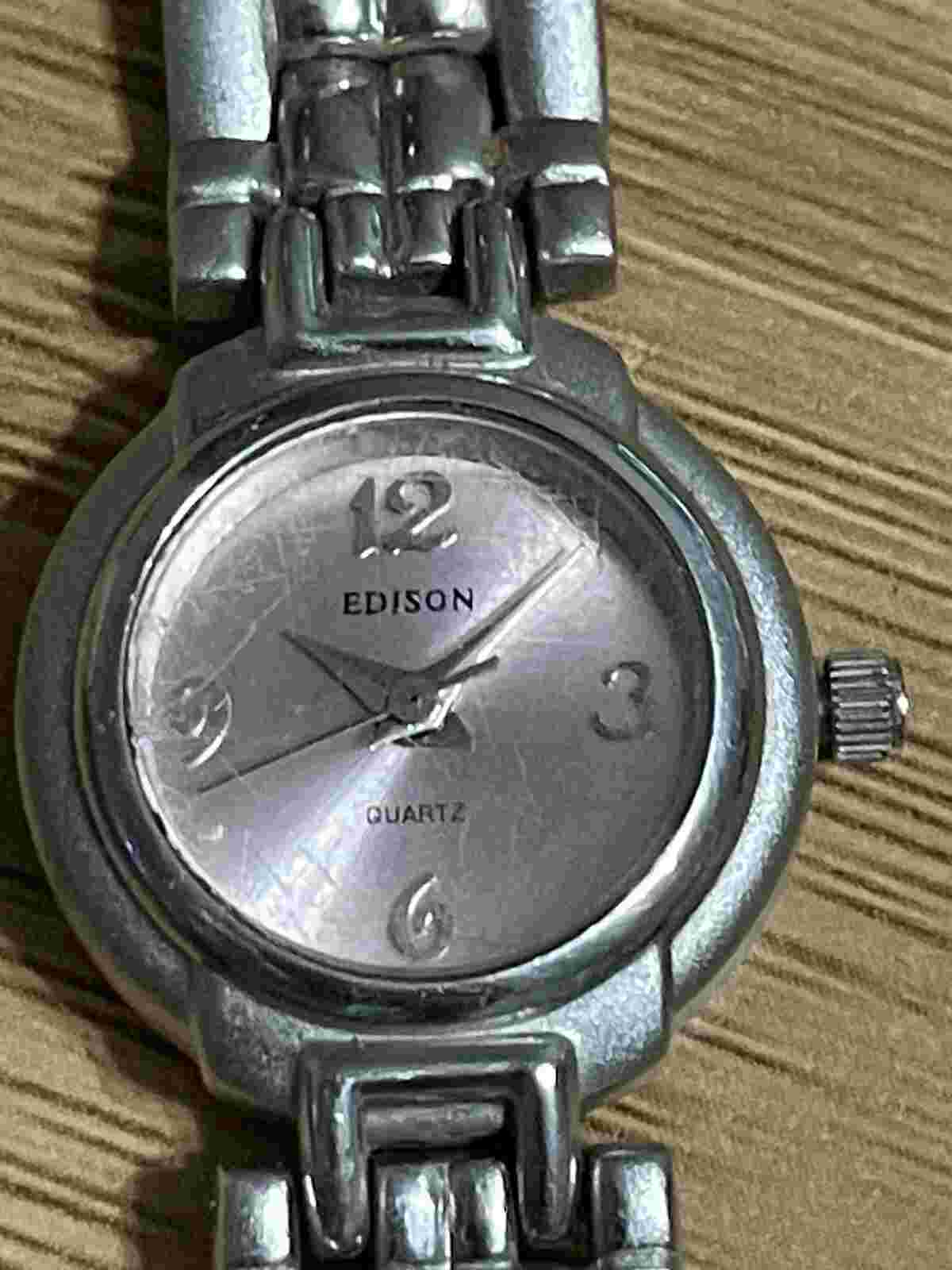 Vintage Ladies Edison Silver Tone w/ Pink Dial Watch Silver Bracelet Band GREAT!