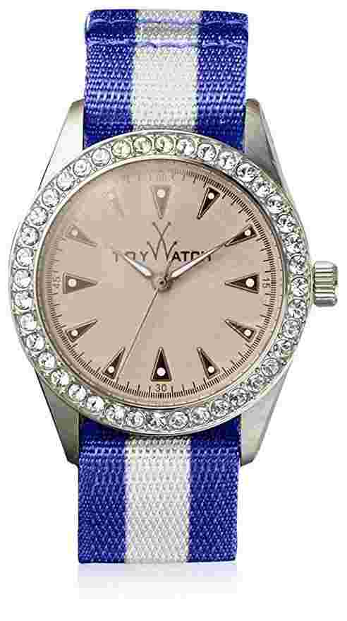 Toy Watch Vintage Women's Blue Grey Stripe Band VI08SL Swarovski Crystals 2703