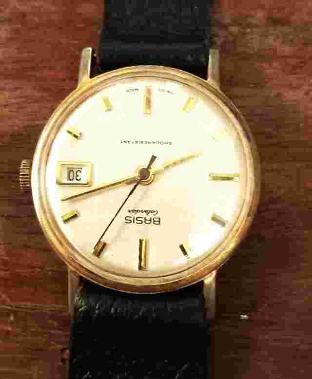 Vintage BASIS Calendar, shock resistant, Swiss made, silver dial, diameter 34 mm