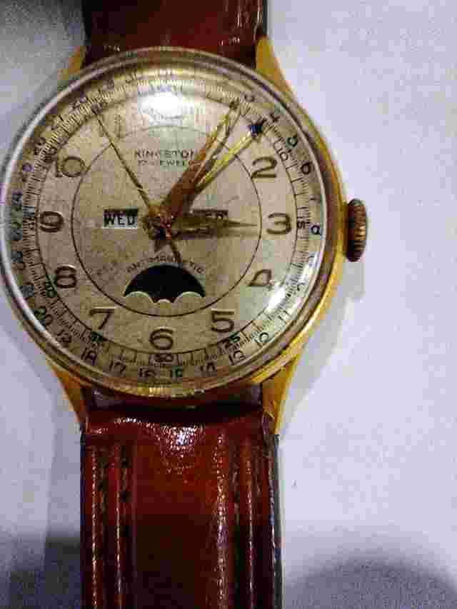 Kingston Vintage Triple-Calendar Wristwatch Gold Leather 17jewels Art Rare World
