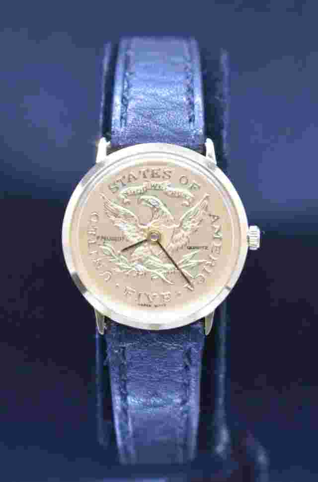 Vtg P. PEUGEOT $5 Five Coin Dial Quartz Watch Women NEW BATTERY & BAND