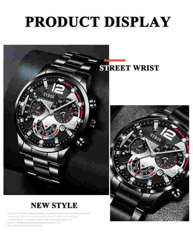 Pack 3 Pcs Watch Luxe Man Military Metal Elegant Black + Bracelet And Neck
