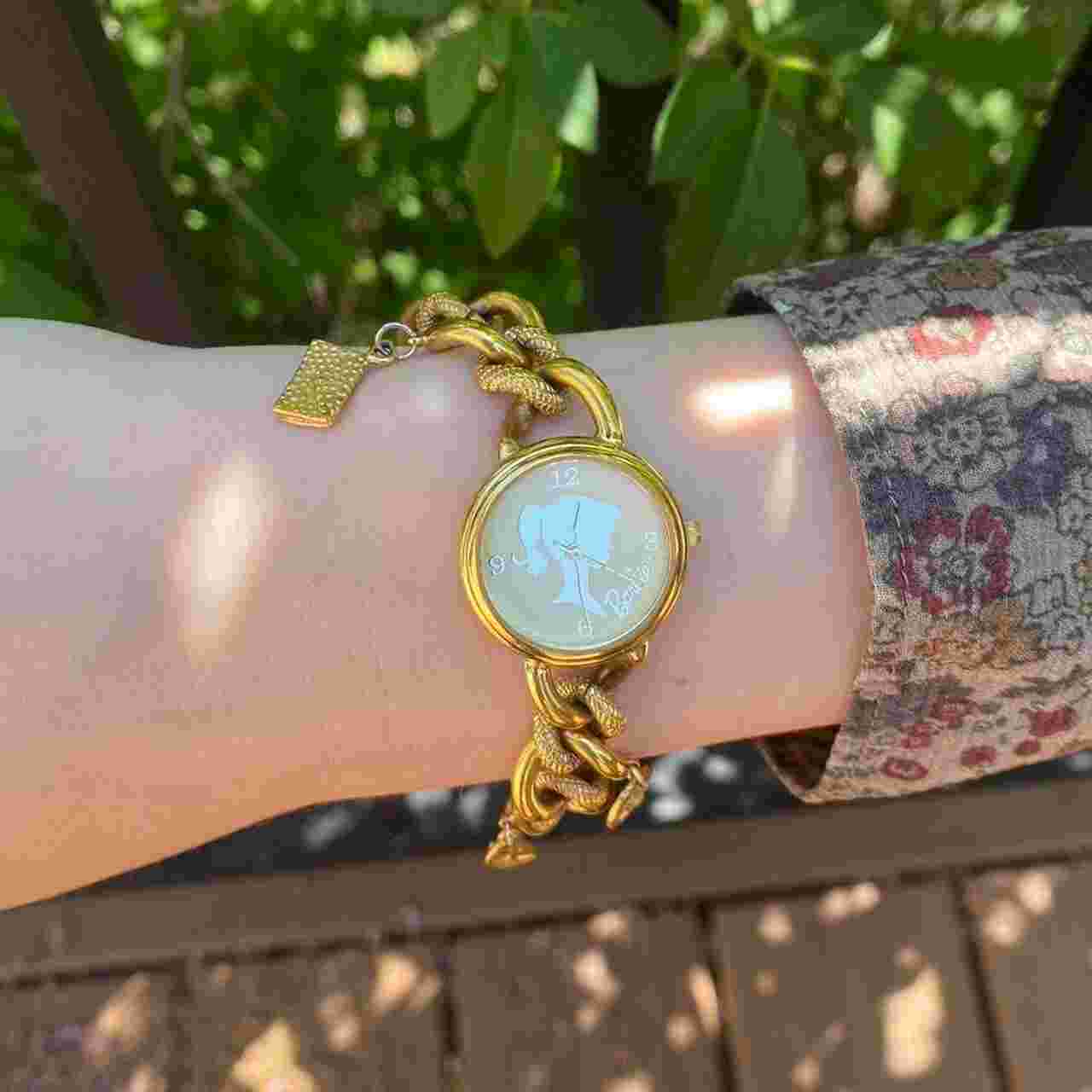 vintage gold charm barbie anniversary watch, fossil, mattel, 1994, coquette
