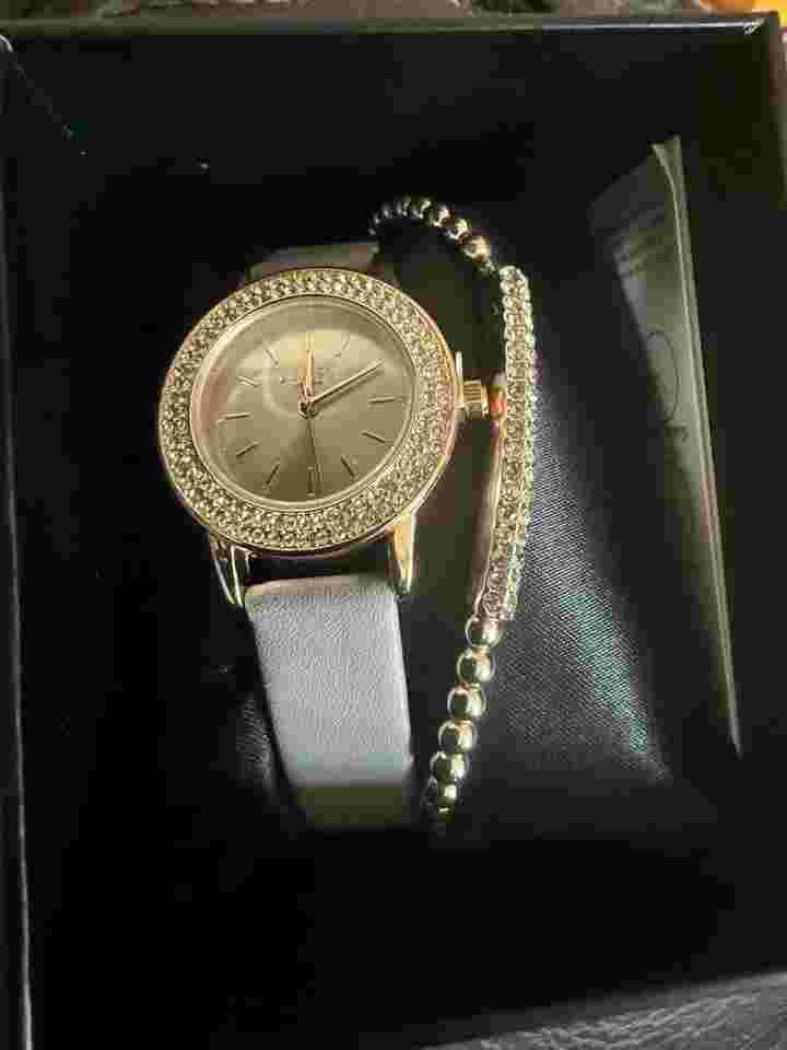 Lipsy Grey Strap Watch with Rose Gold Bracelet Set