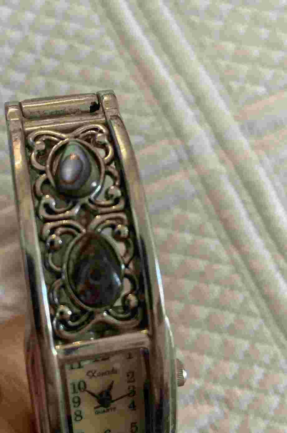 Vtg Xanadu Watch Women Silver Tone MOP Hinged Cuff 6.75" Japan Movement