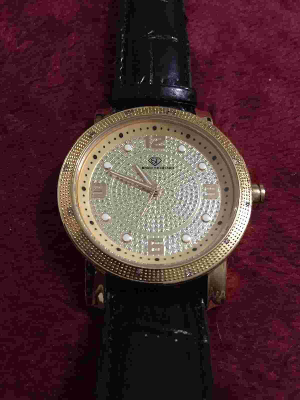 Mens Gold Tone Super Techno Diamond Watch Black Band